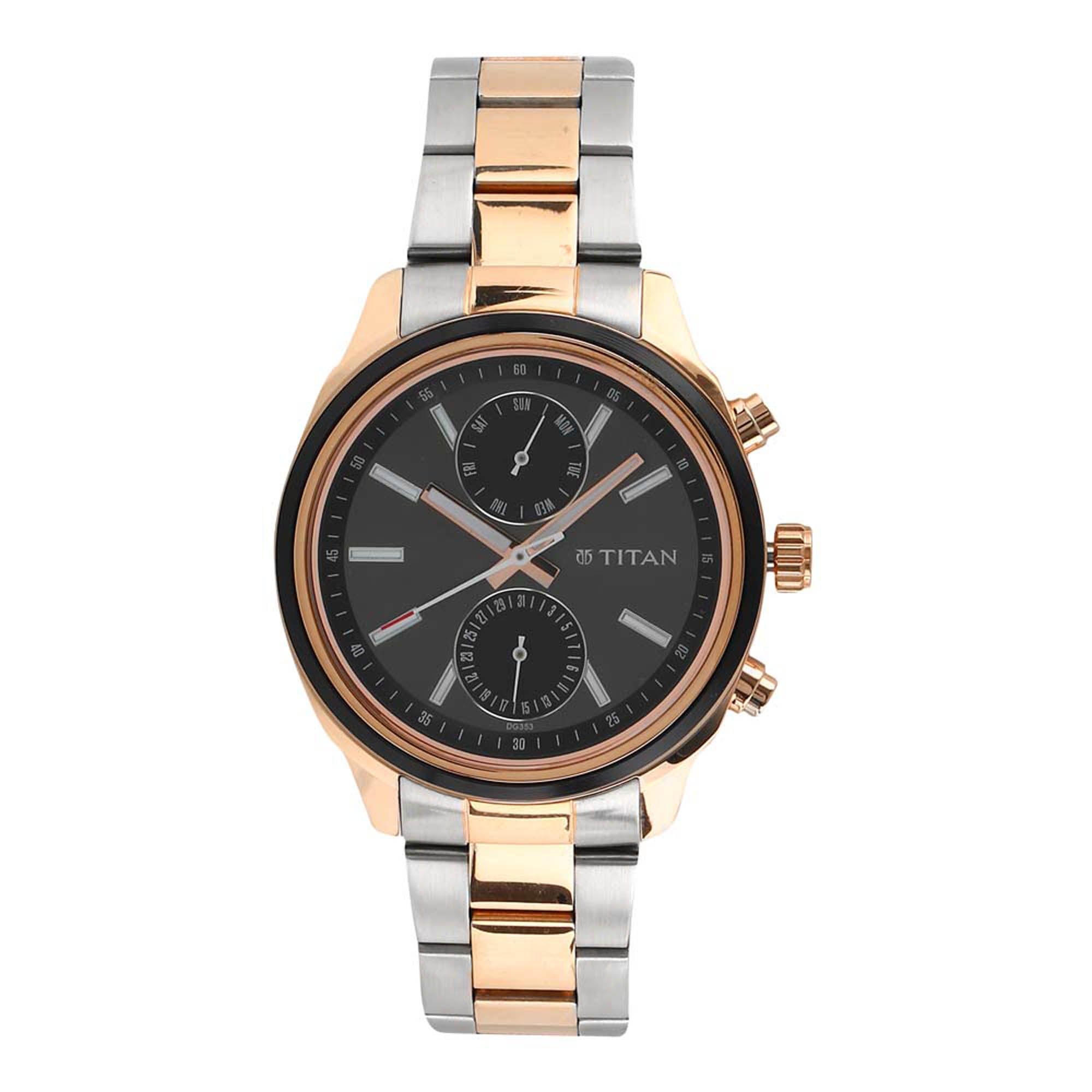 Titan Workwear Black Dial Two Toned Stainless Steel Strap Multifunction Watch for Men