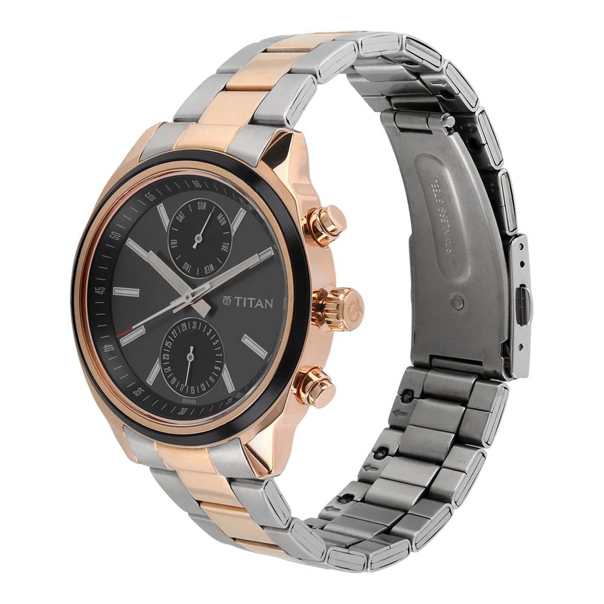Titan Workwear Black Dial Two Toned Stainless Steel Strap Multifunction Watch for Men