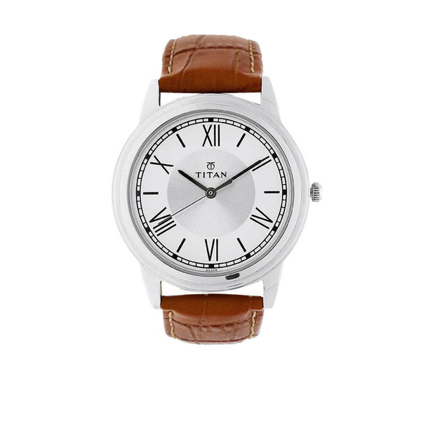 Titan Silver Dial Brown Leather Strap Analog Watch for Men