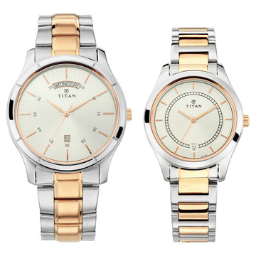 Titan Bandhan Quartz Analog with Day and Date Silver Dial Stainless Steel Strap Watch for Couple
