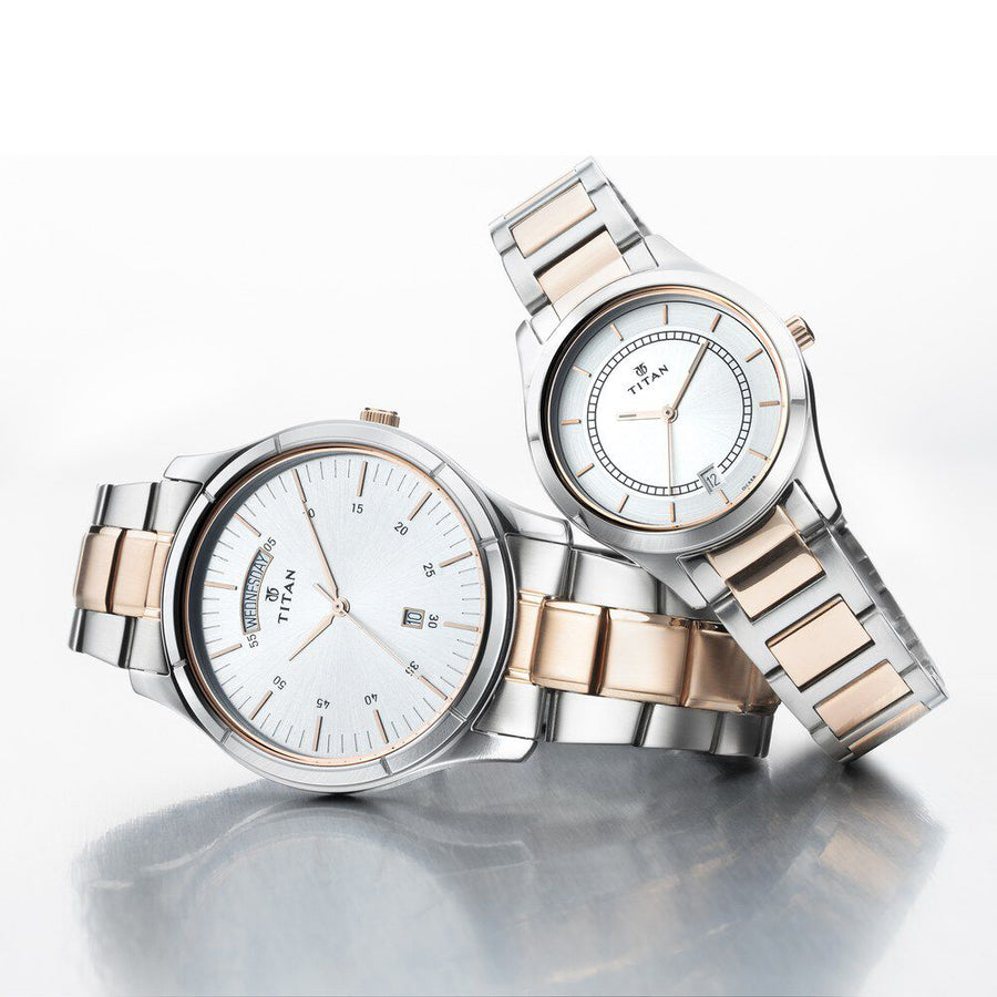 Titan Bandhan Quartz Analog with Day and Date Silver Dial Stainless Steel Strap Watch for Couple