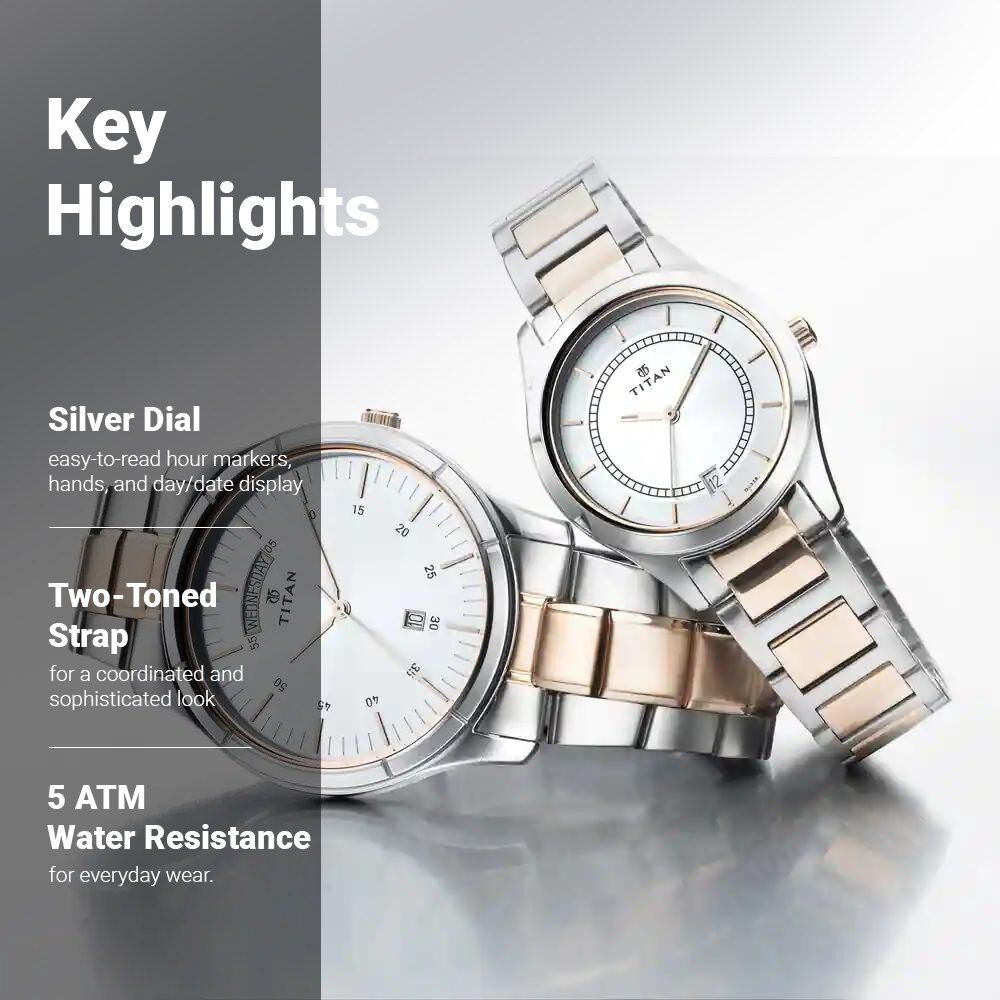 Titan Bandhan Quartz Analog with Day and Date Silver Dial Stainless Steel Strap Watch for Couple