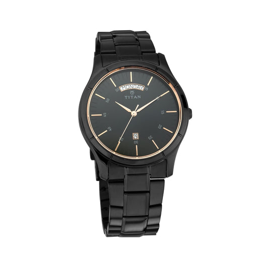 Titan Quartz Analog with Day and Date Black Dial Stainless Steel Strap Watch for Men 1767NM01