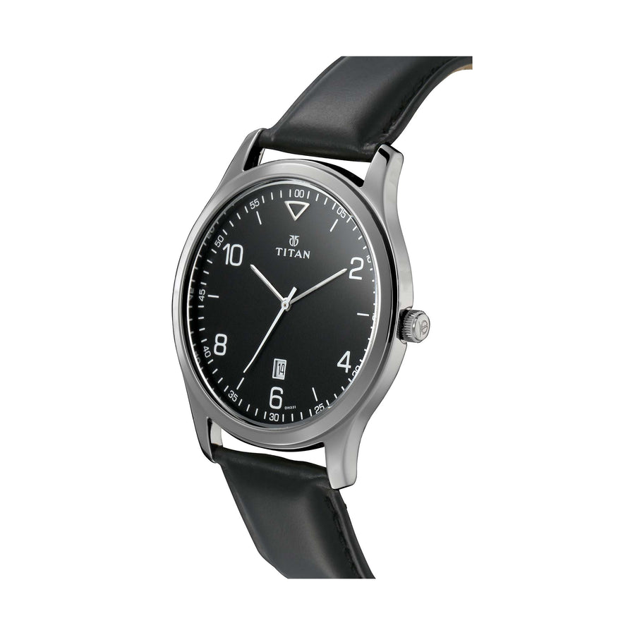 Titan Workwear Black Dial Leather Strap Analog with Date Watch for Men