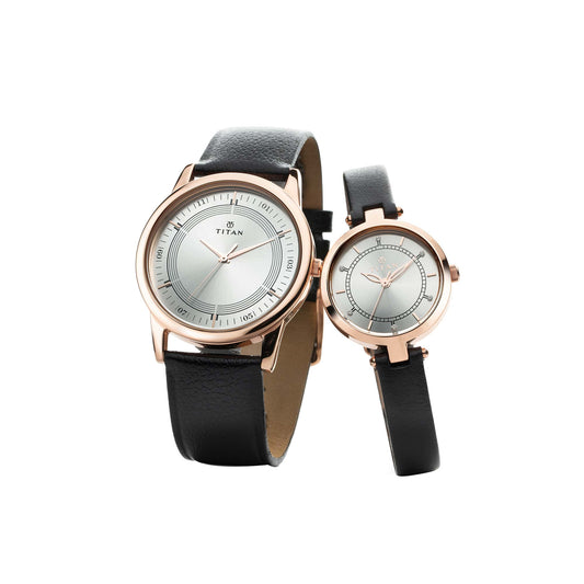 Bandhan Silver White Dial Leather Pair Watches