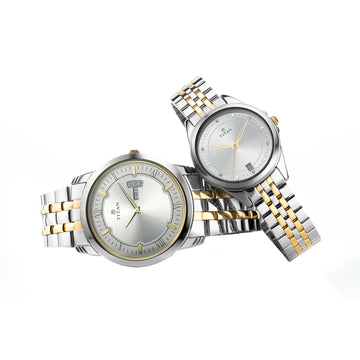 Titan Bandhan Quartz Analog with Day and Date Silver Dial Stainless Steel Strap Watch for Couple