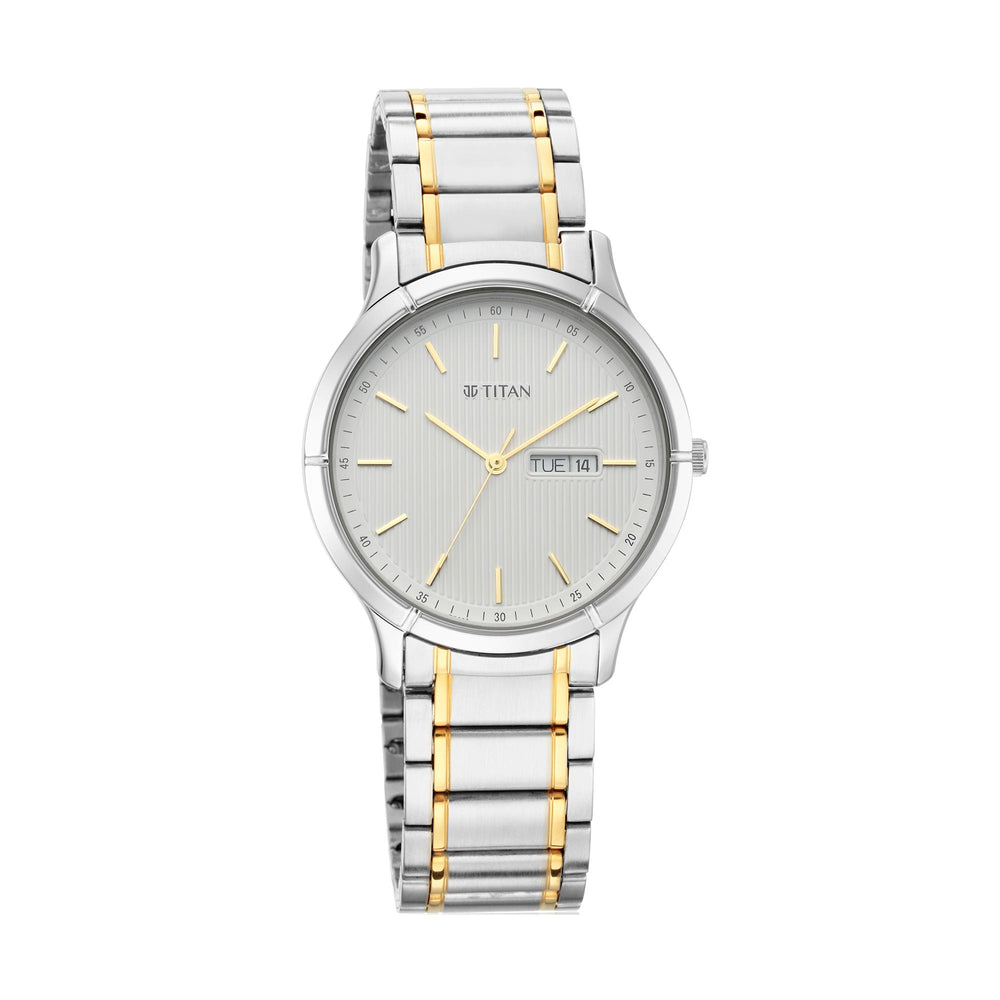 Titan White Dial Two Toned Metal Strap Analog with Day and Date Watch for Men