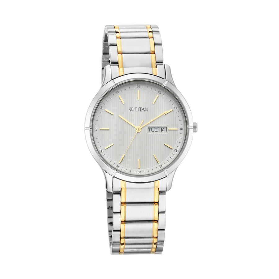 Titan White Dial Two Toned Metal Strap Analog with Day and Date Watch for Men