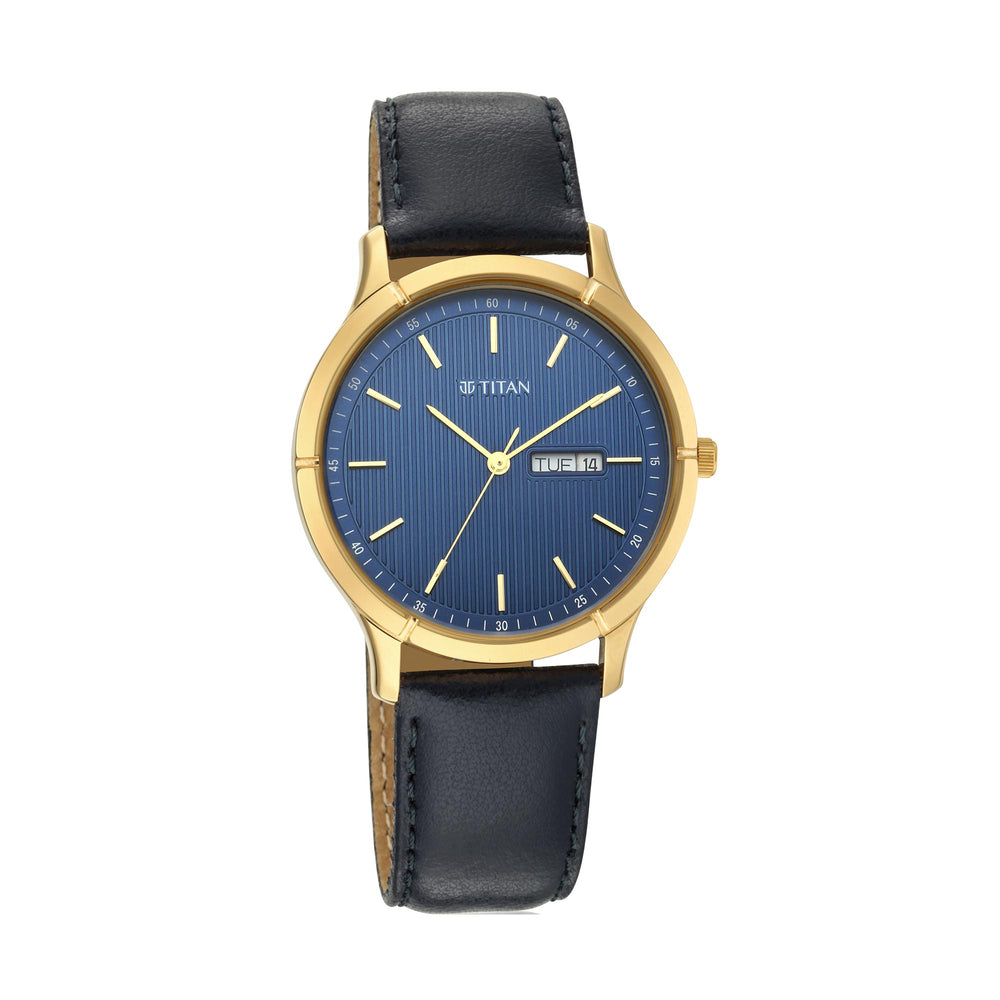 Titan Workwear Blue Dial Black Leather Strap Analog with Day-Date Watch for Men