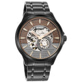 Front view of Titan automatic men's watch with skeleton black dial and stainless steel strap.