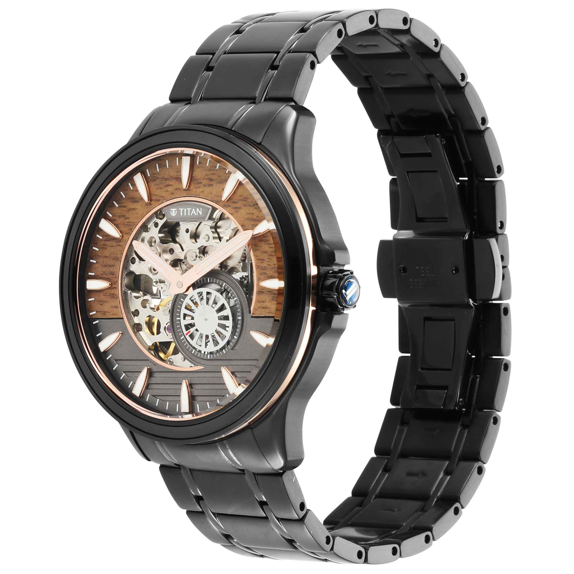 Angled view of the Titan automatic watch for men with a black steel strap & a brown skeleton dial.