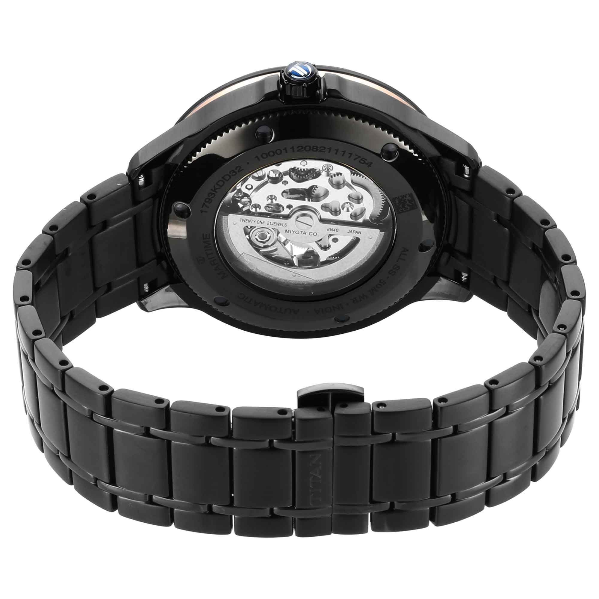 Rear view of Titan men's automatic watch with transparent case back & black stainless steel strap.