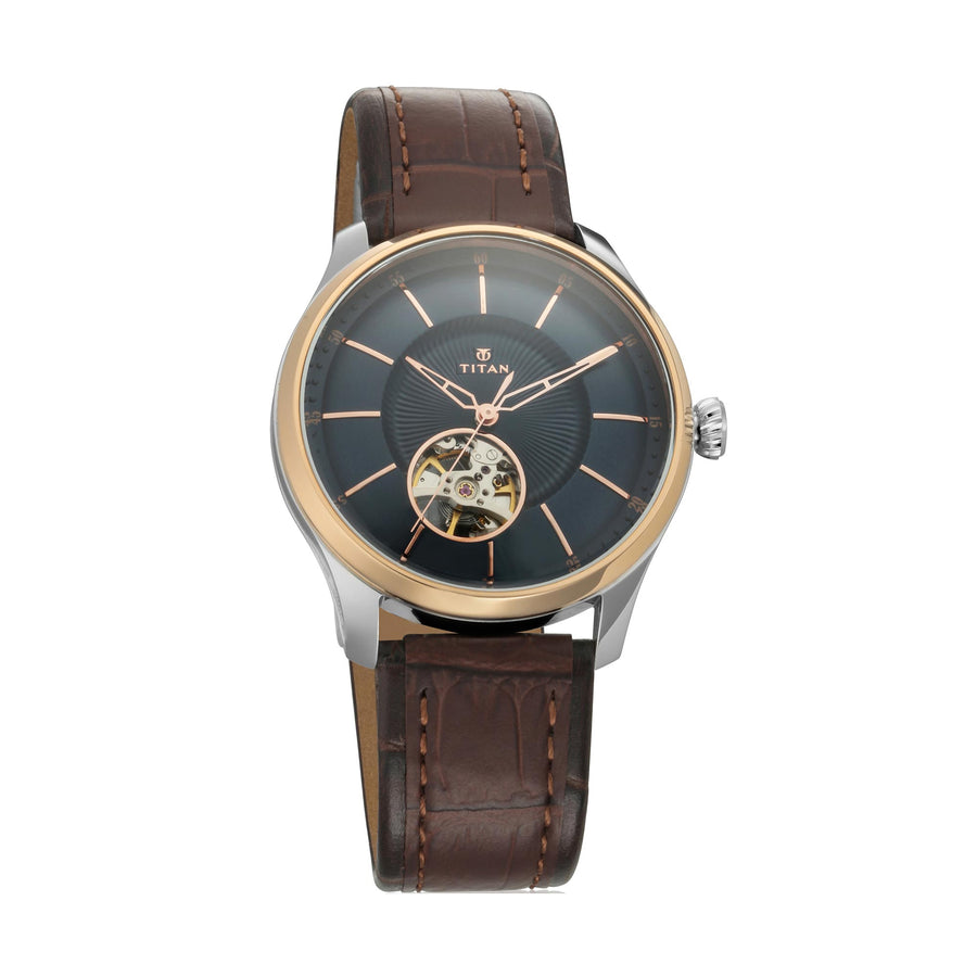 Titan Blue Dial Brown Leather Strap Automatic Watch for Men