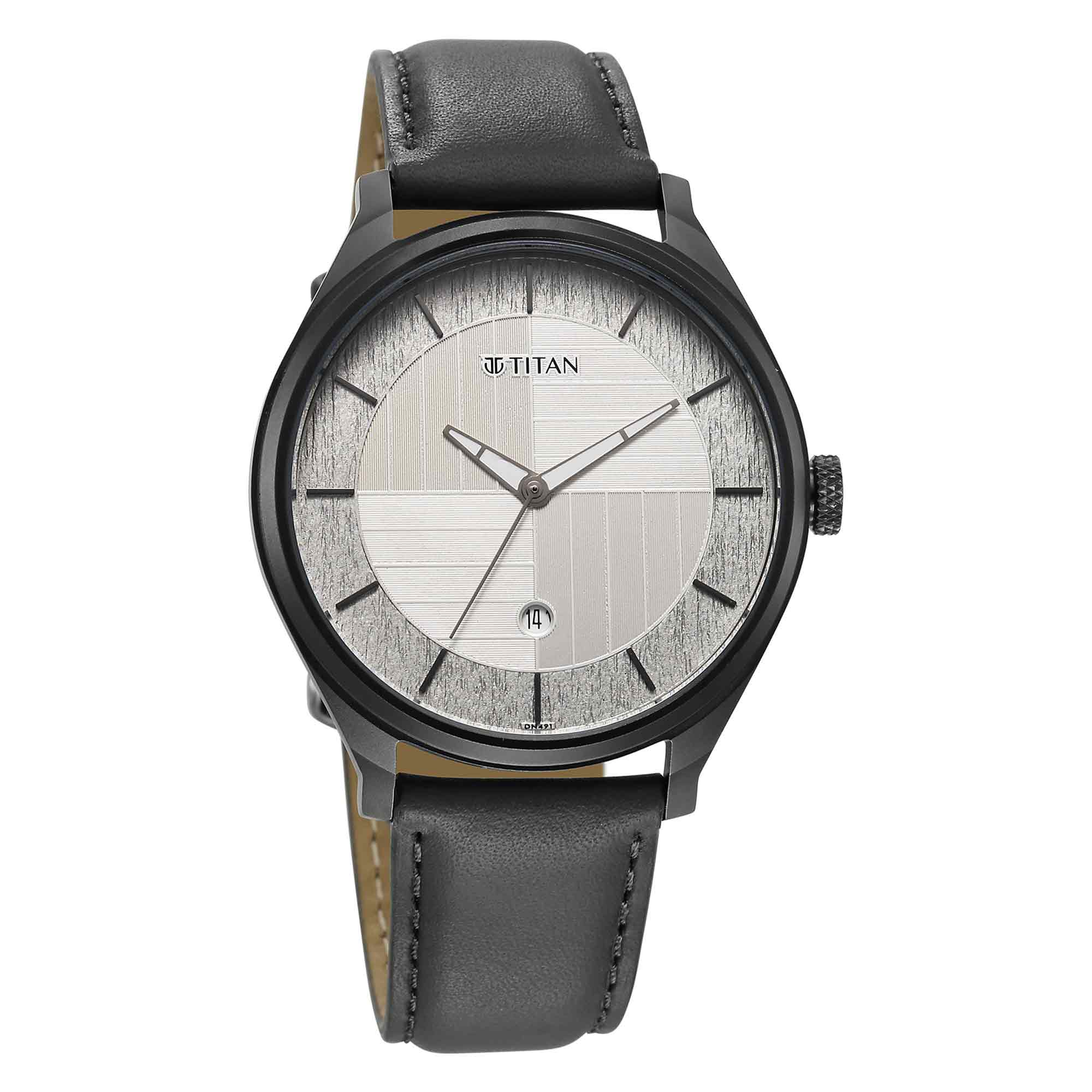 Titan Neo Economy Quartz Analog with Date Silver Dial Grey Leather Strap Watch For Men