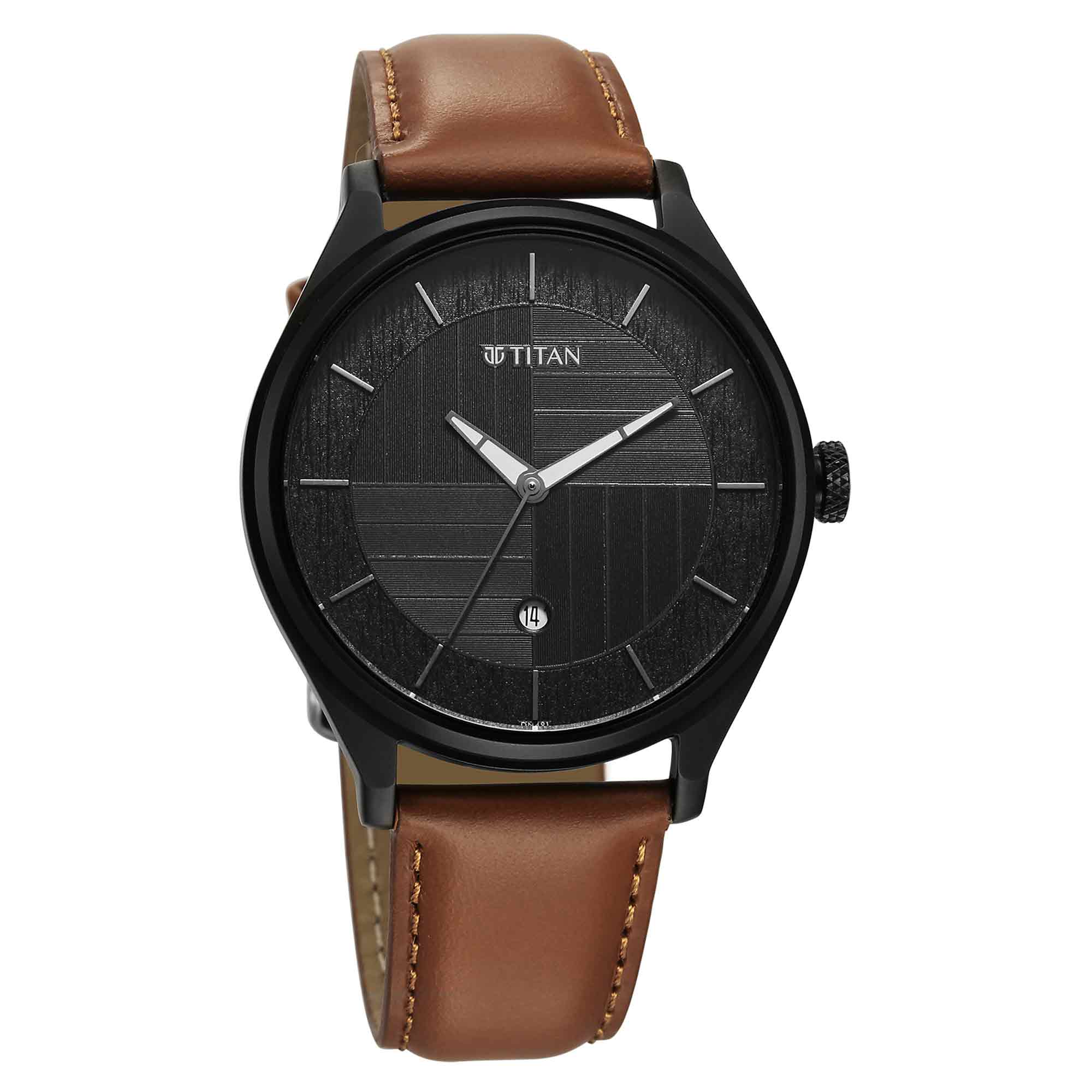 Titan Neo Economy Quartz Analog with Date Grey Dial Brown Leather Strap Watch For Men