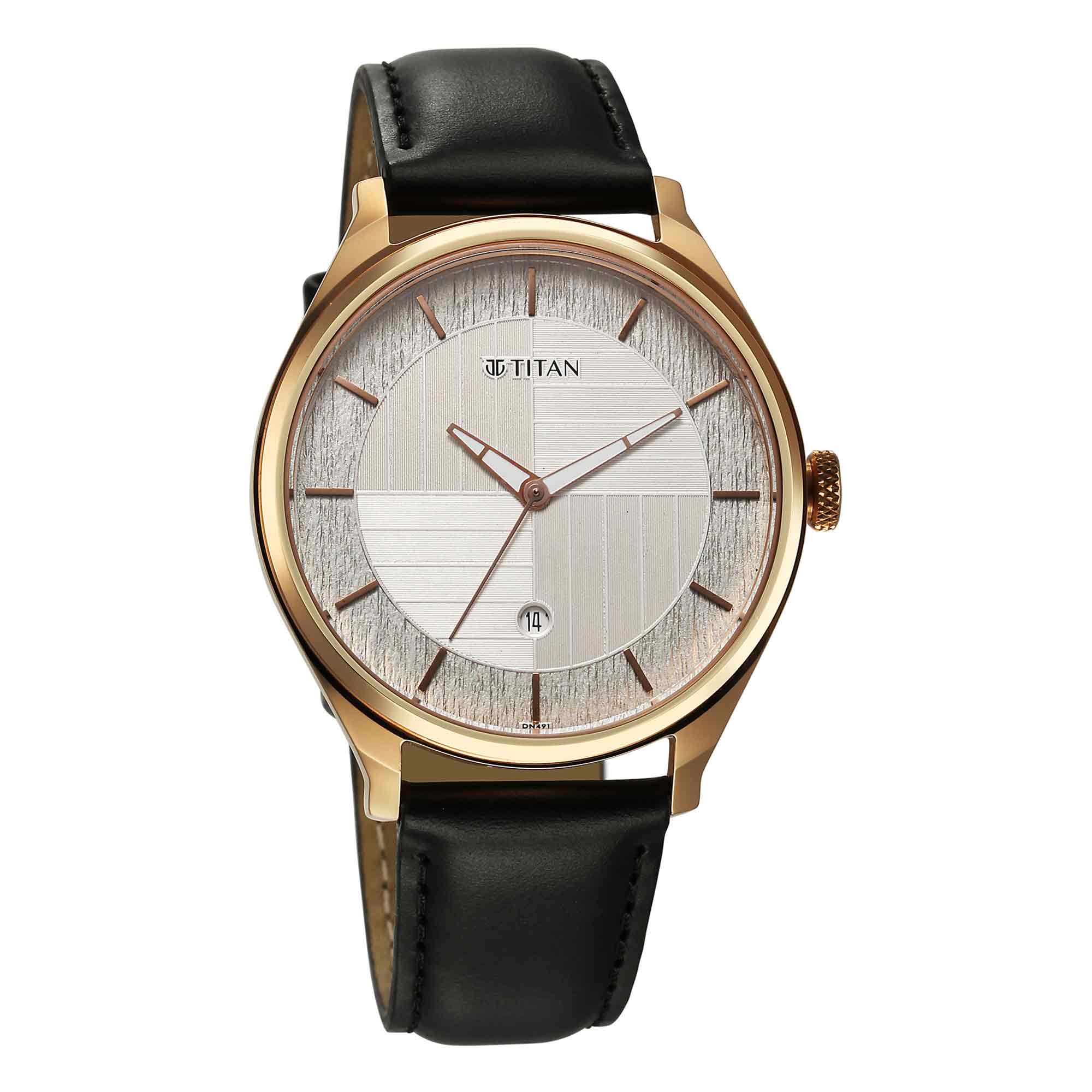 Titan Silver Dial Black Leather Strap Analog with Date Watch for Men