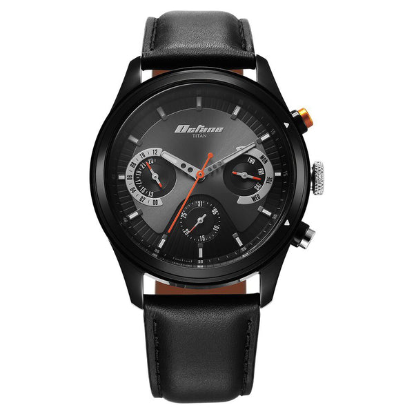 Titan Octane Quartz Multifunction Black Dial With Black Leather Strap Watch For Men