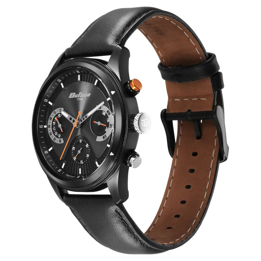 Titan Octane Quartz Multifunction Black Dial With Black Leather Strap