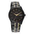 Sleek Titan analog with day and date men's watch with black dial, gold accents, and two tone strap.