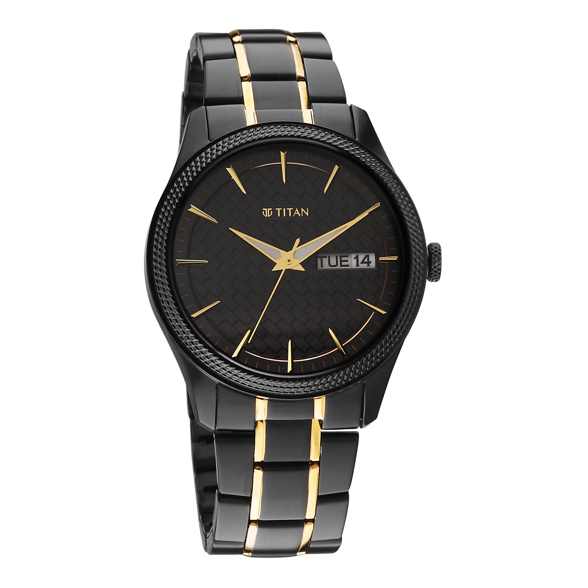 Sleek Titan analog with day and date men's watch with black dial, gold accents, and two tone strap.