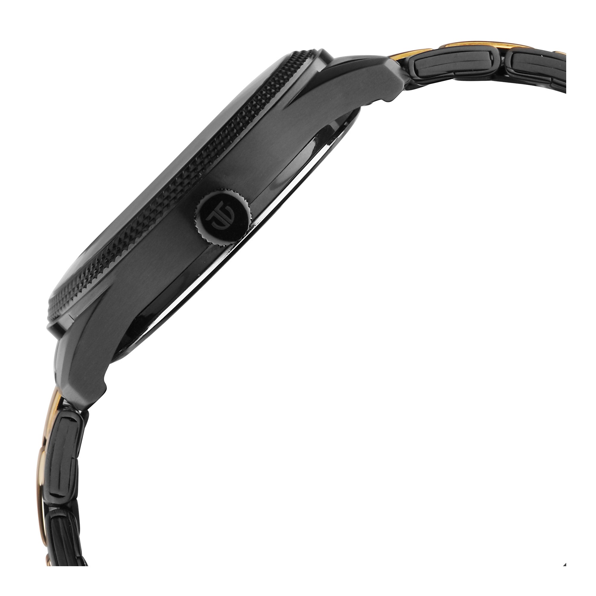 Side profile of Titan analog with day and date watch for men with black dial textured bezel & crown.