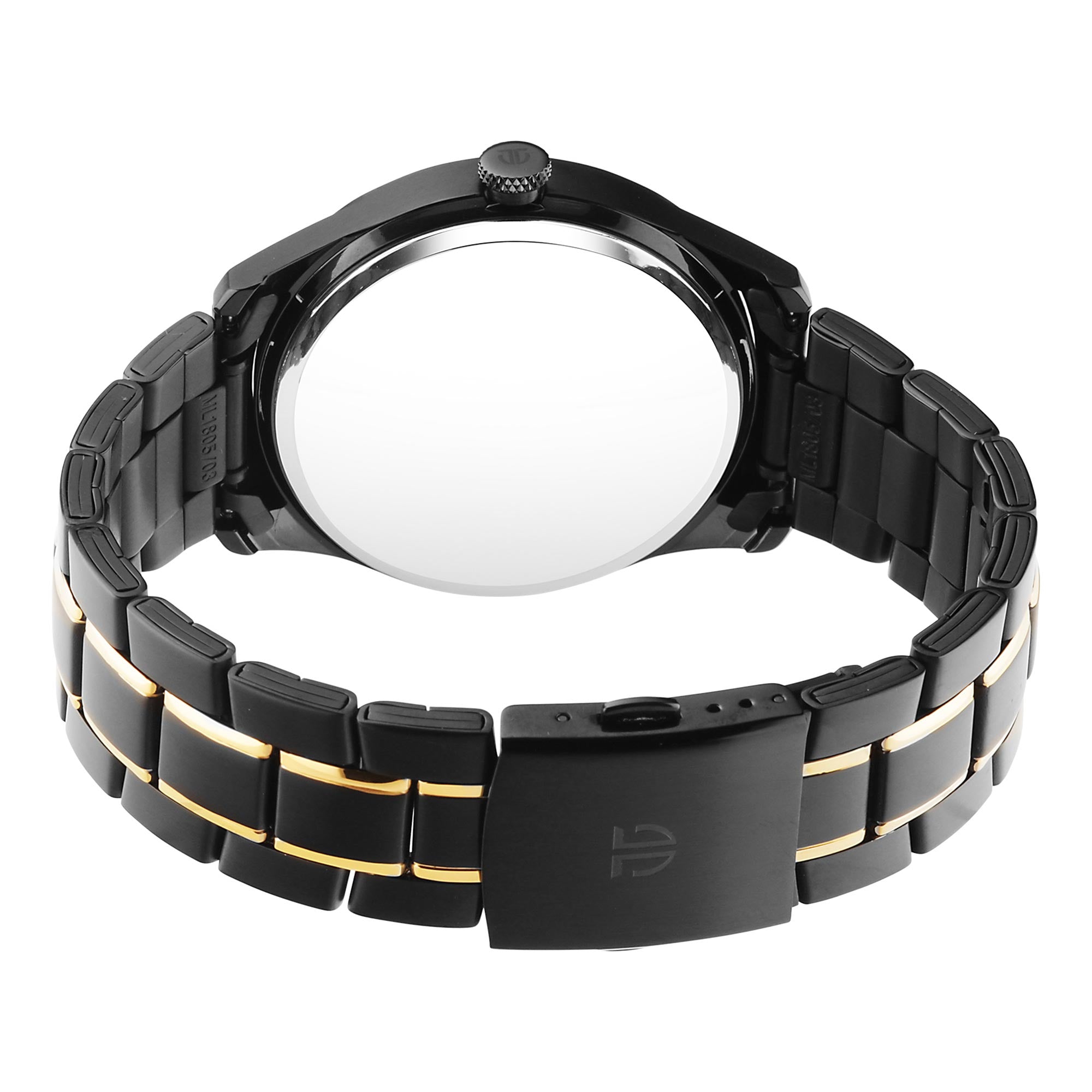 Rear view of Titan Regalia analog watch with black & gold two tone stainless steel strap & clasp fit