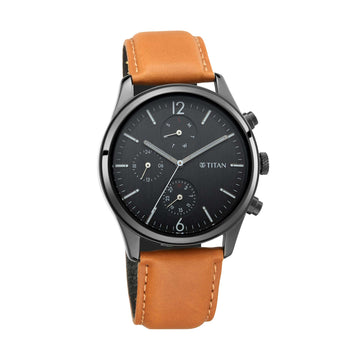 Titan Workwear Multifunction Black Dial Tan Leather Strap Watch For Men