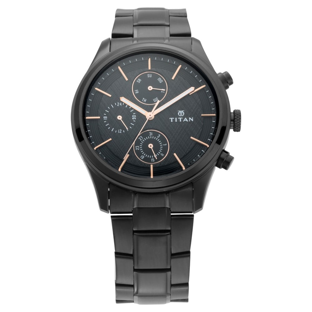 Titan Workwear Multifunction Black Round Dial Black Metal Strap Watch For Men