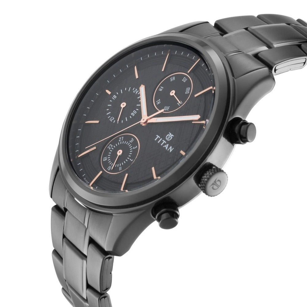Titan Workwear Multifunction Black Round Dial Black Metal Strap Watch For Men