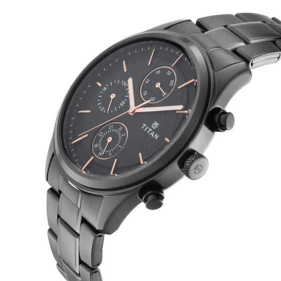 Titan Workwear Multifunction Black Round Dial Black Metal Strap Watch For Men
