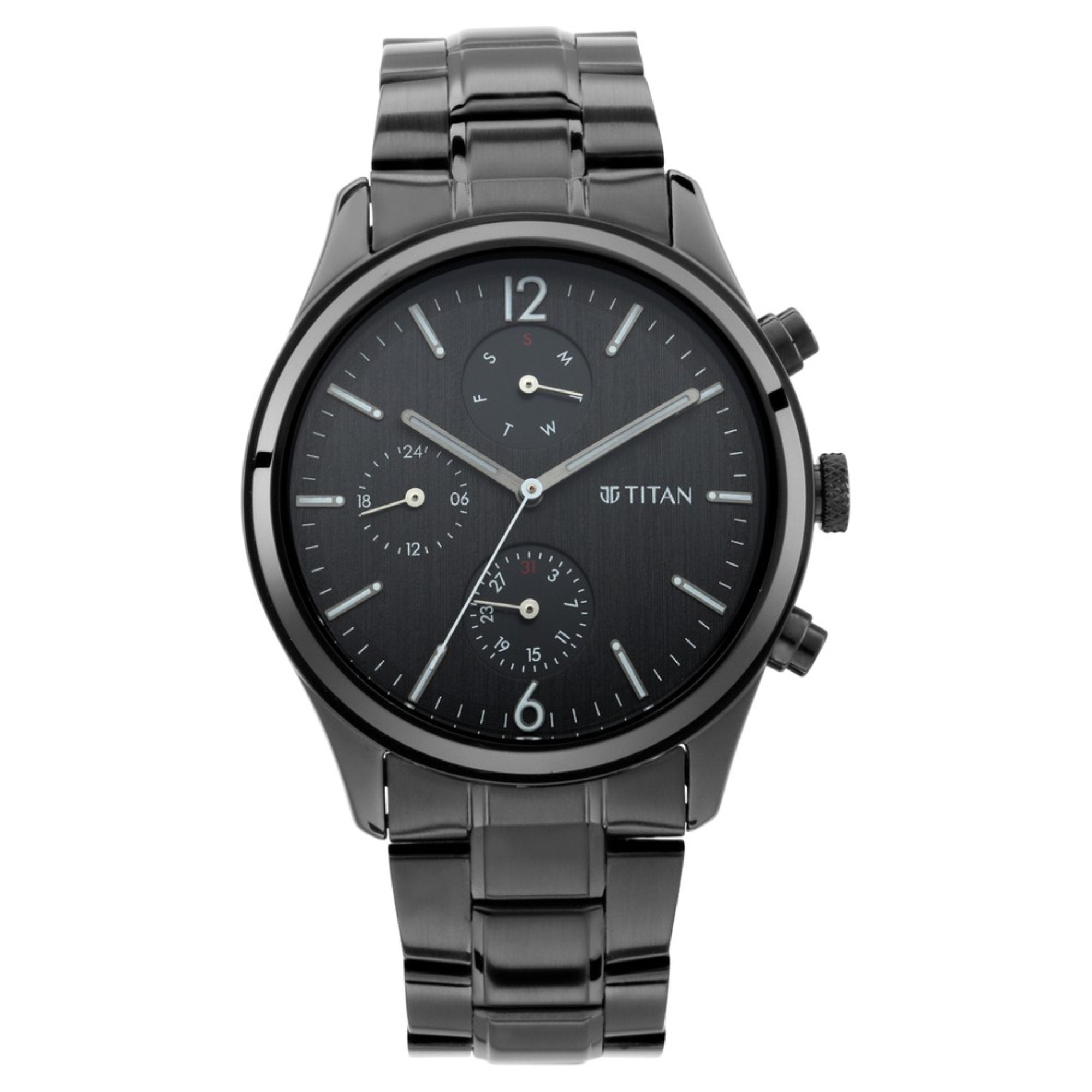 Titan Workwear Multifunction Black Dial Black Metal Strap Watch For Men