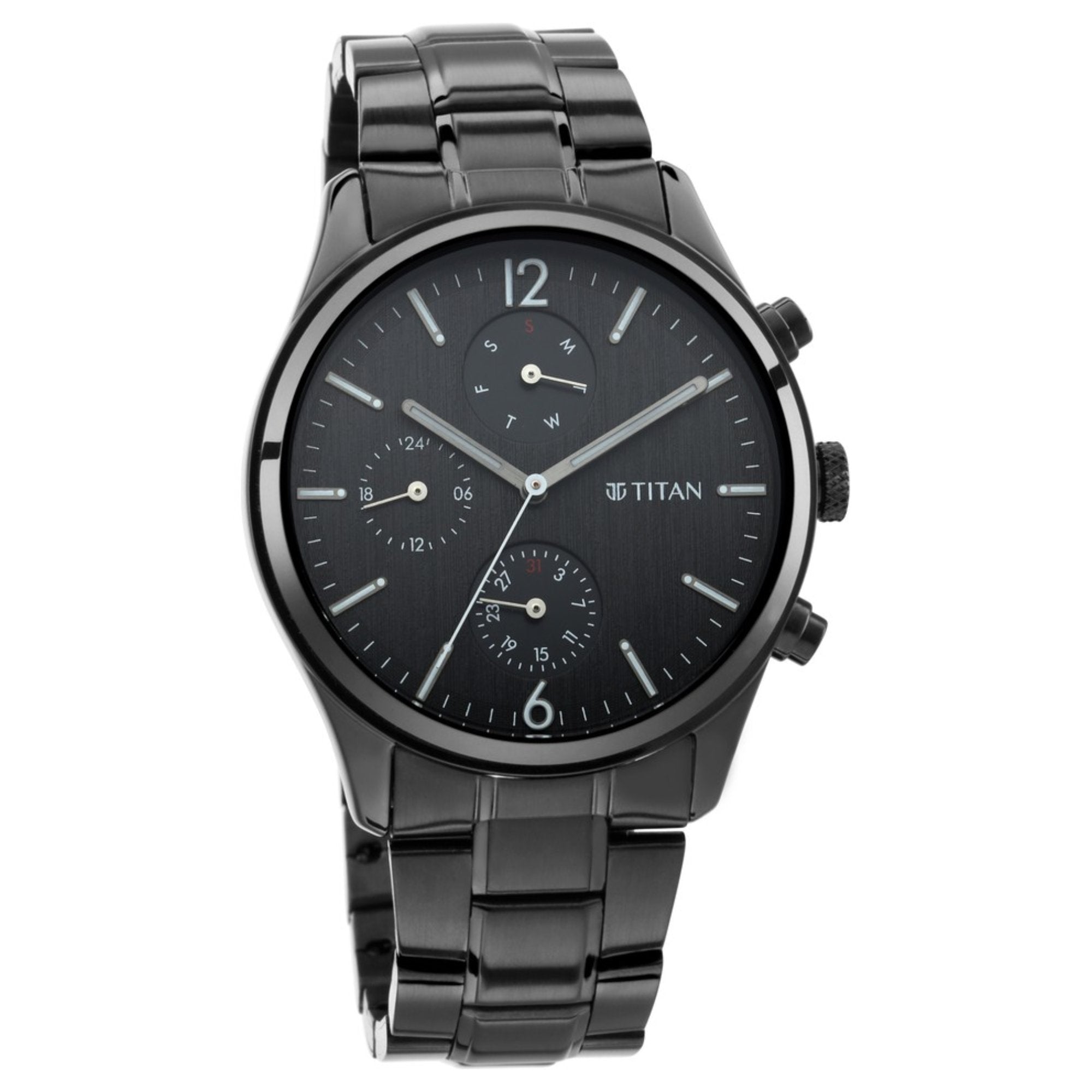 Titan Workwear Multifunction Black Dial Black Metal Strap Watch For Men