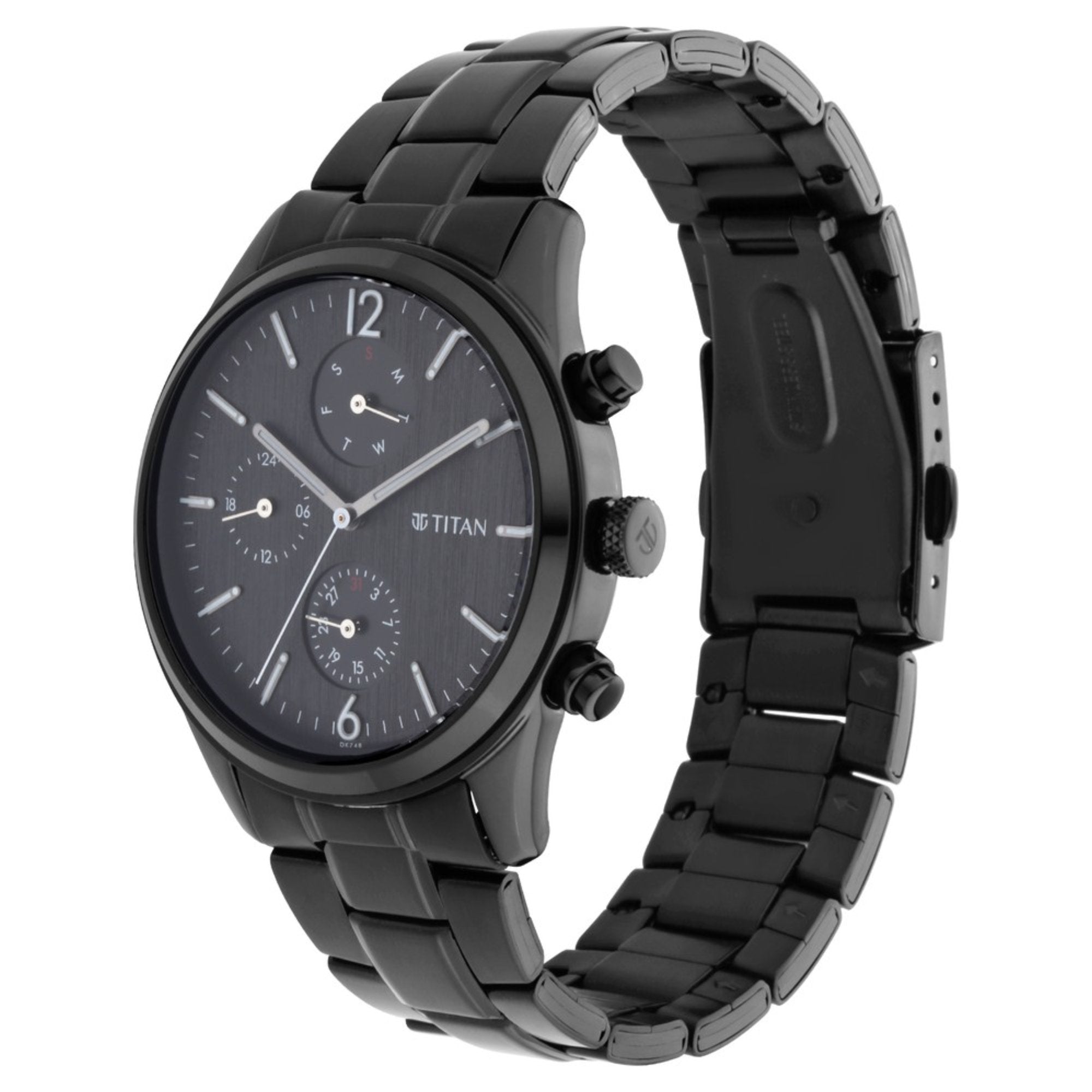 Titan Workwear Multifunction Black Dial Black Metal Strap Watch For Men