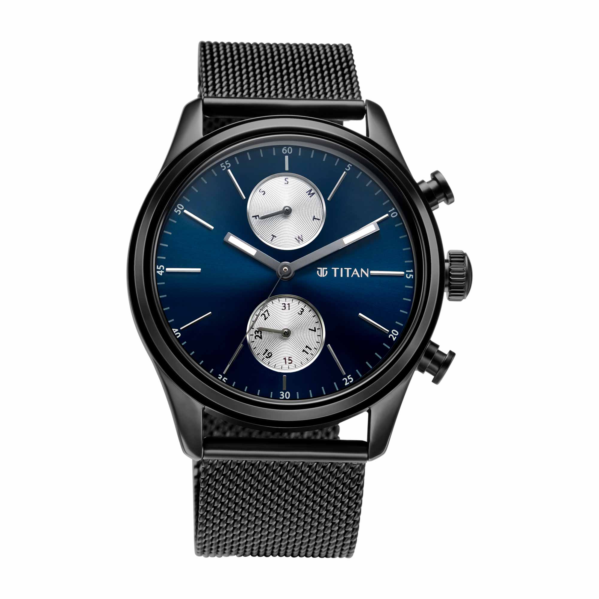Titan Blue Dial Black Stainless Steel Strap Analog Watch for Men
