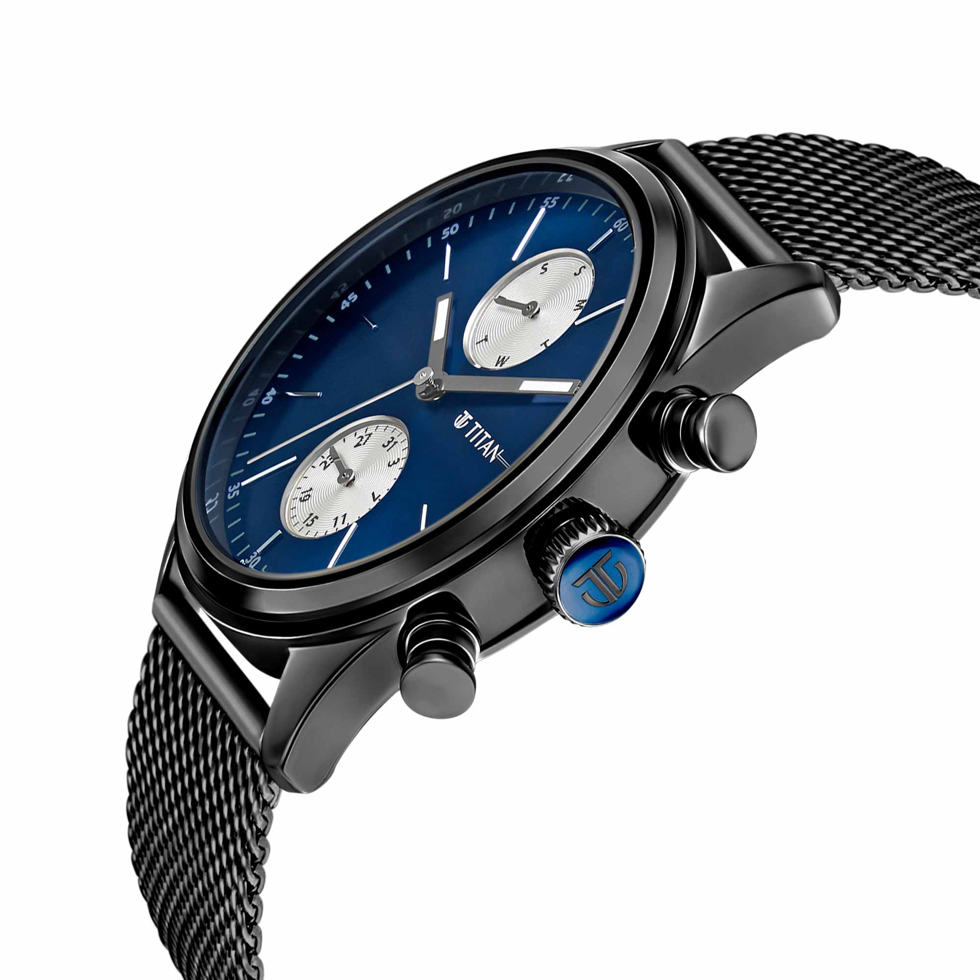 Titan Blue Dial Black Stainless Steel Strap Analog Watch for Men