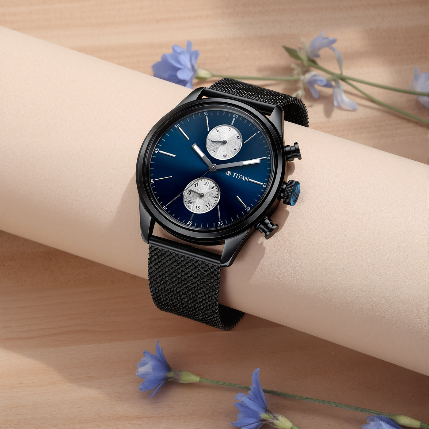 Titan Blue Dial Black Stainless Steel Strap Analog Watch for Men