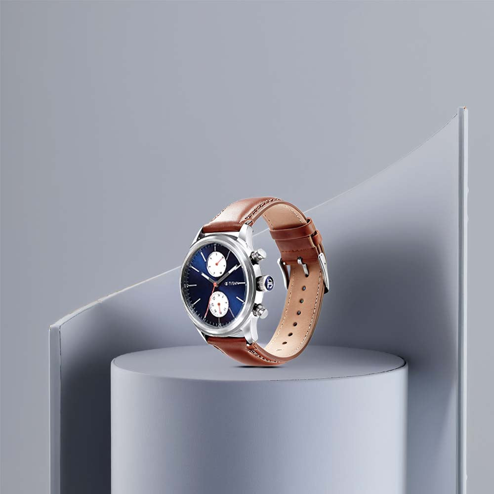 Titan Blue Dial Brown Leather Strap Multifunction Watch for Men