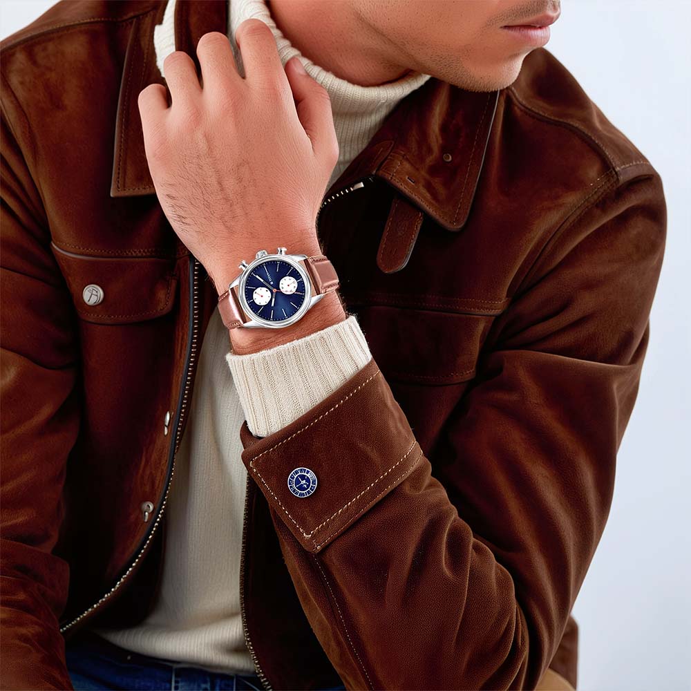 Titan Blue Dial Brown Leather Strap Multifunction Watch for Men