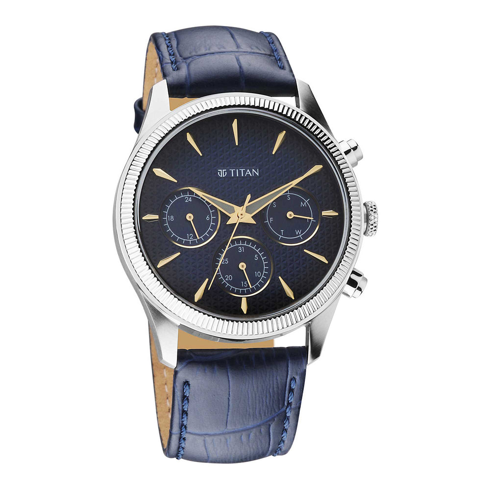 Titan Blue Dial Leather Strap Analog with Day and Date Watch for Men
