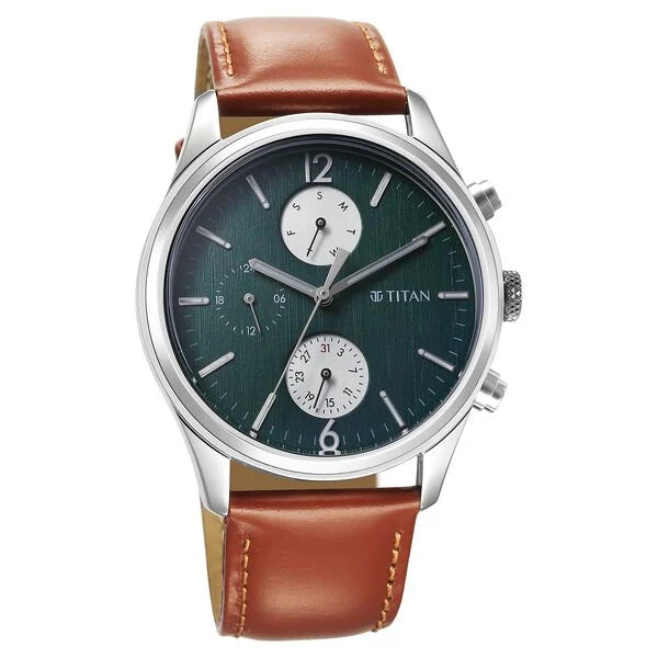 Titan Grey Dial Brown Leather Strap Analog with Day and Date Watch for Men