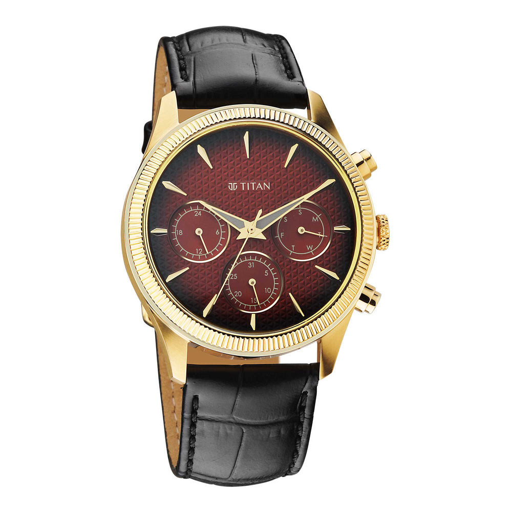 Titan Regalia Opulent Quartz Analog with Day and Date Red Dial Black Leather Strap Watch for Men