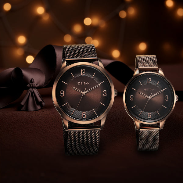 Titan Bandhan Quartz Analog Brown Dial Stainless Steel Strap Watch for Couple