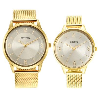 Titan Bandhan Champagne Dial Gold Stainless Steel Strap Analog Watch for Couple