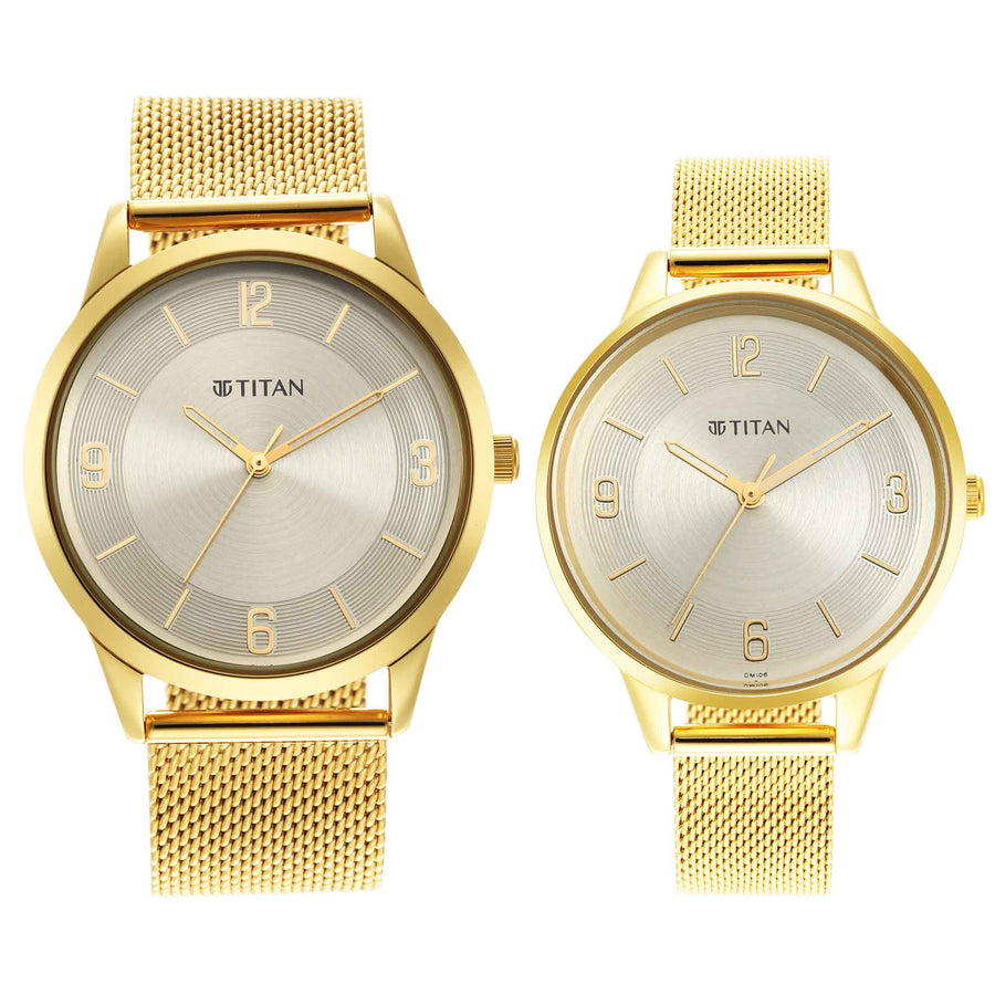 Titan Bandhan Champagne Dial Gold Stainless Steel Strap Analog Watch for Couple