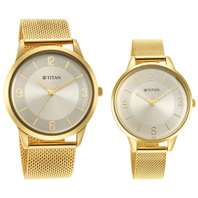 Titan Bandhan Champagne Dial Gold Stainless Steel Strap Analog Watch for Couple