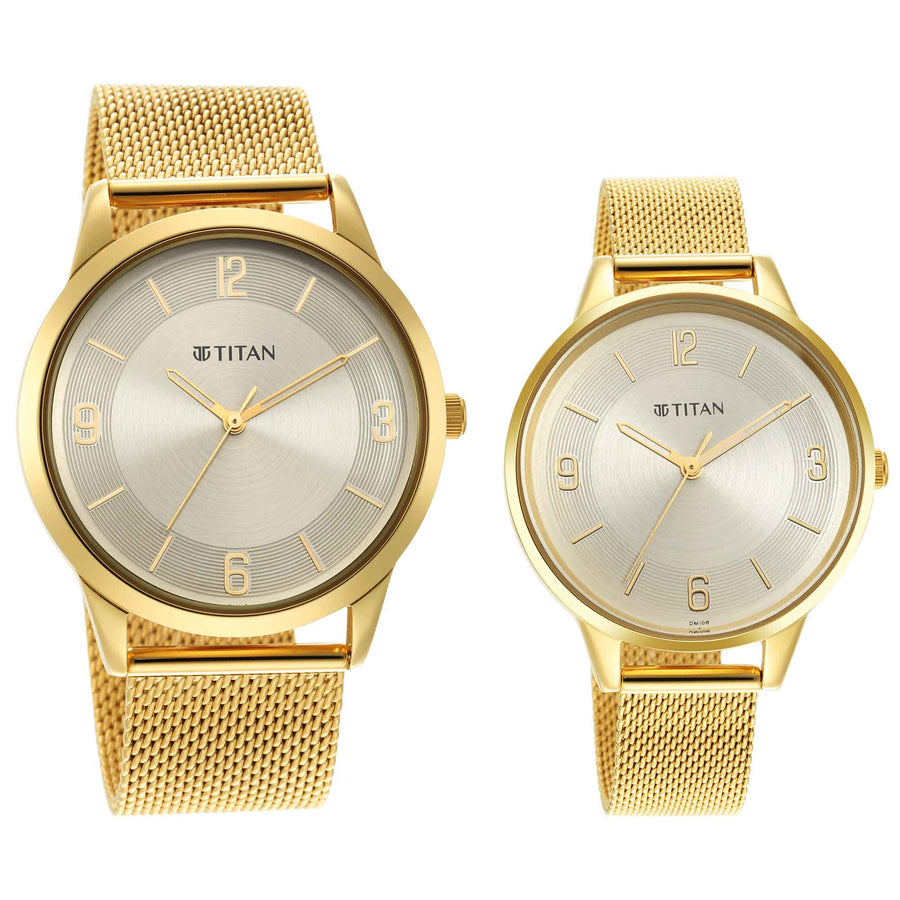 Titan Bandhan Champagne Dial Gold Stainless Steel Strap Analog Watch for Couple