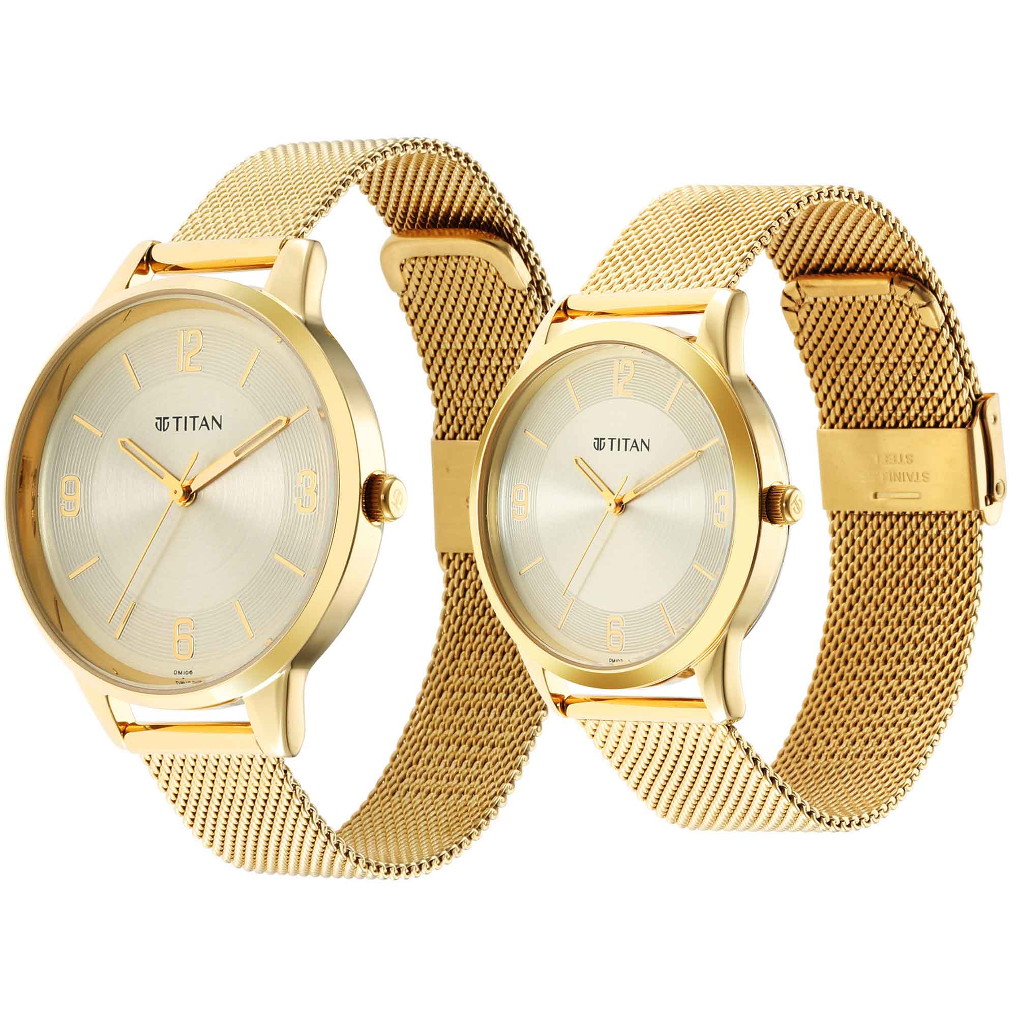 Titan Bandhan Champagne Dial Gold Stainless Steel Strap Analog Watch for Couple