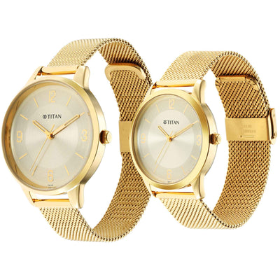 Titan Bandhan Champagne Dial Gold Stainless Steel Strap Analog Watch for Couple