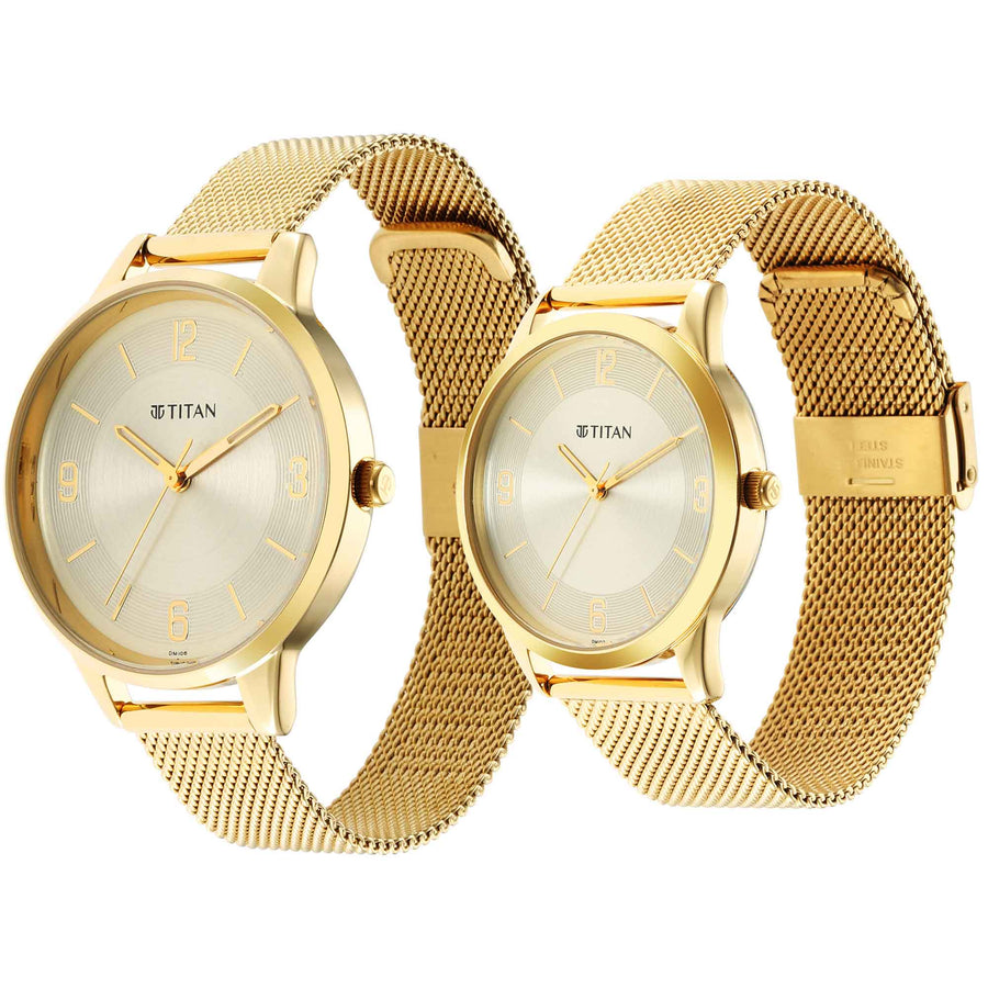 Titan Bandhan Champagne Dial Gold Stainless Steel Strap Analog Watch for Couple