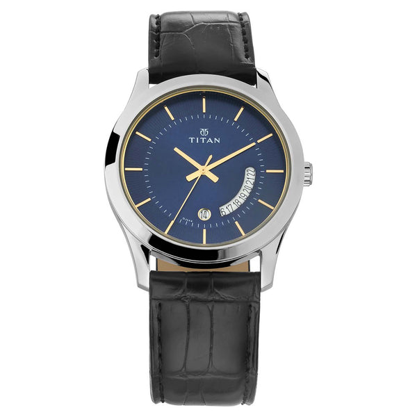 Titan Blue Dial Black Leather Strap Analog with Date Watch for Men